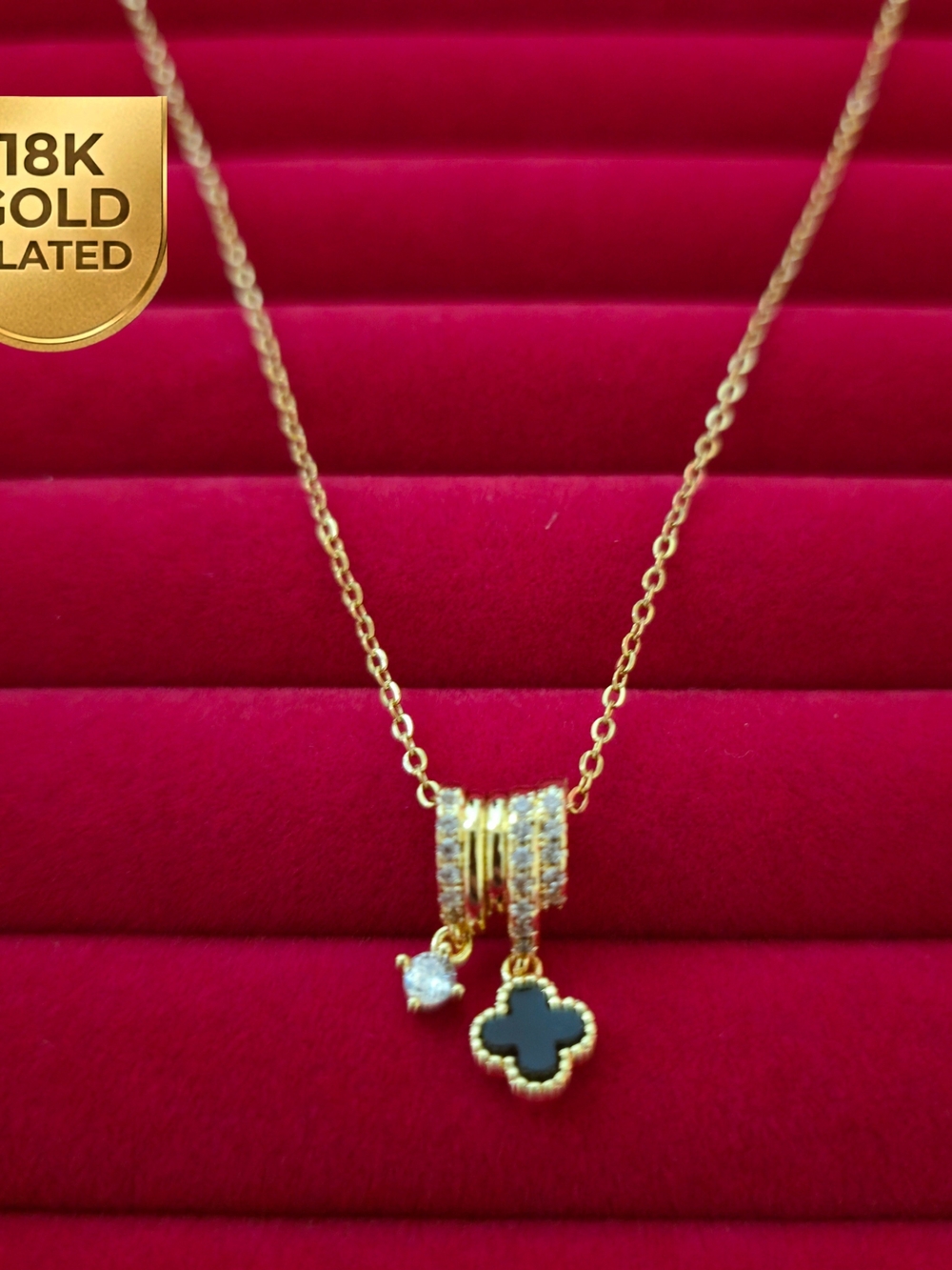 18K Gold Plated Women's Black Clover Pendant Necklace w/ CZ Charm Accent B003